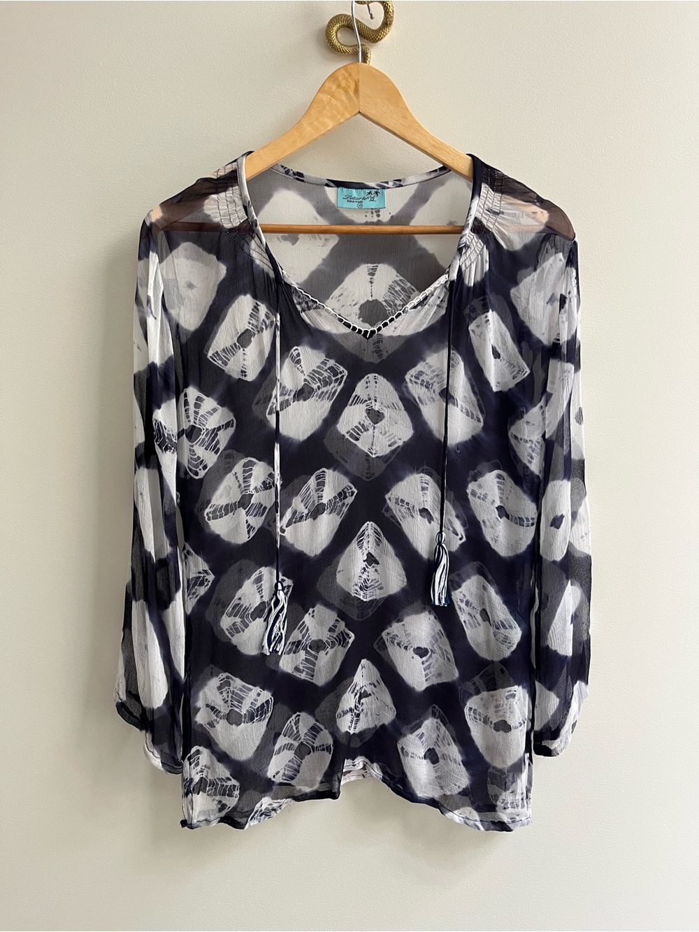 Letarte 100% Silk Handmade Tie Dye Sheer Flowy Resort Top Navy Blue White XS